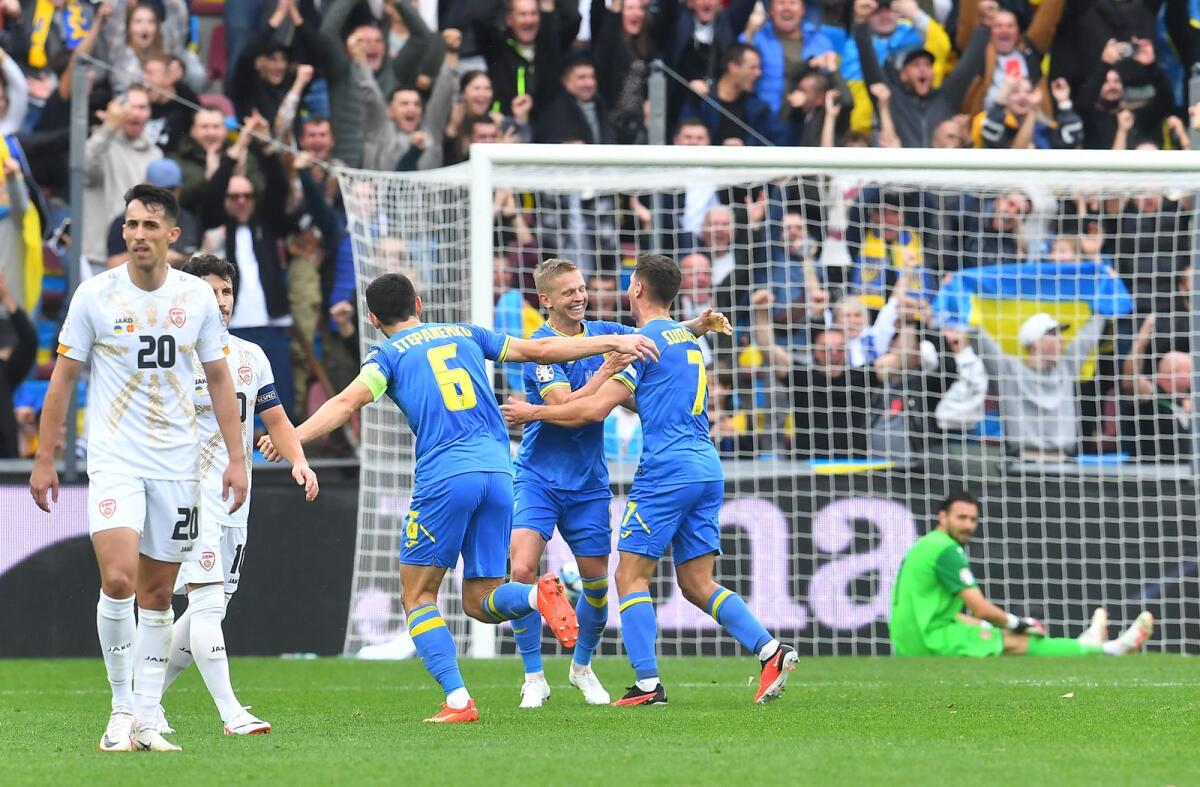 Ukraine players celebrate a goal against North Macedonia in a Euro 2024 qualifying match in Prague on October 14, 2023. — AFP file