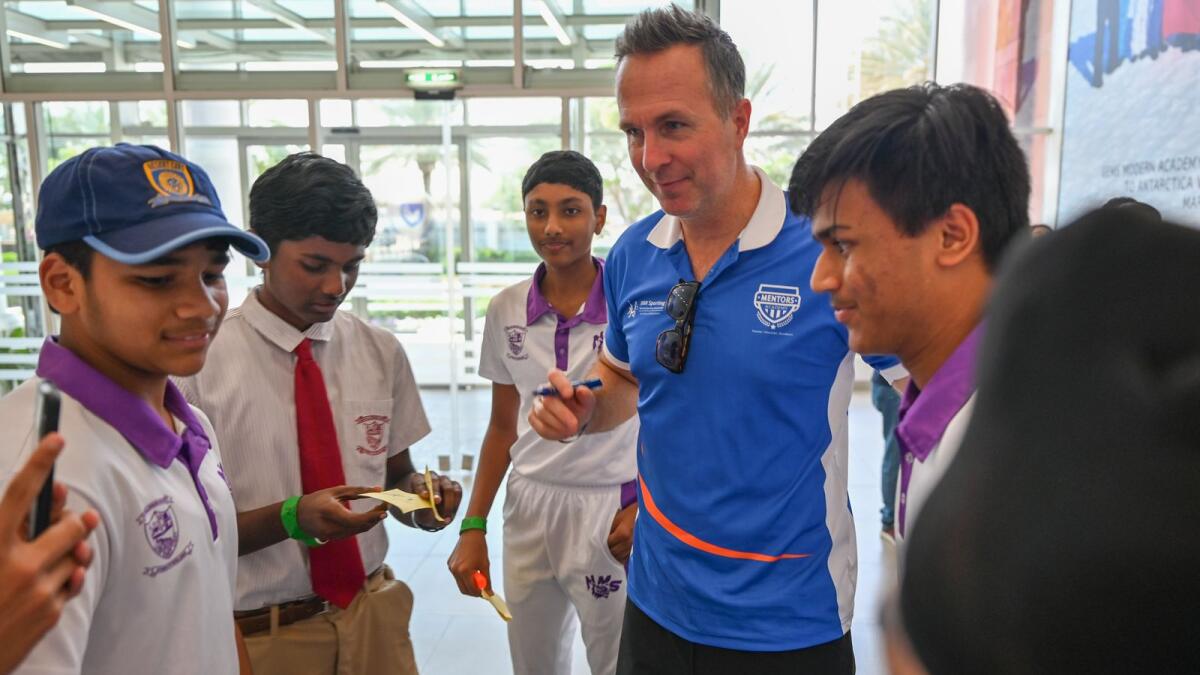 Michael Vaughan interacts with students during the official launch of the Mentors Academy at GEMS Modern Academy in Dubai. — Photo by M. Sajjad