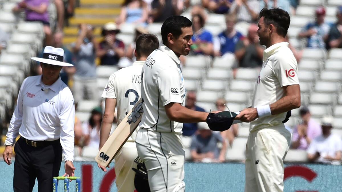 New Zealand's Ross Taylor shakes hands with England's James Anderson after their win on the fourth day of the second Test between England and New Zealand at Edgbaston. — AP