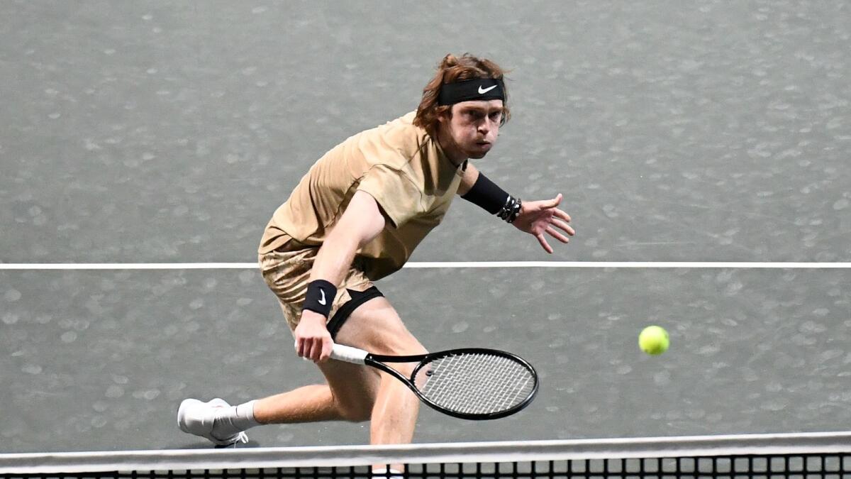 Russia's Andrey Rublev in action against Stefanos Tsitsipas. — Reuters