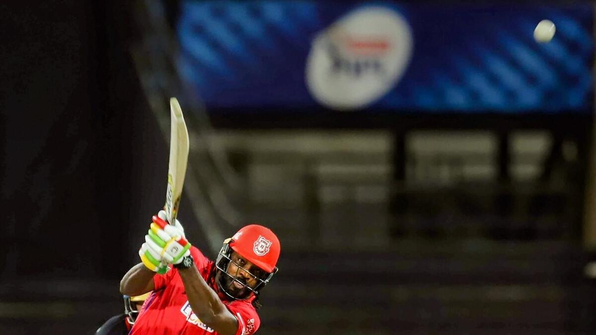 Chris Gayle plays a shot during the Indian Premier League match against Royal Challengers Bangalore