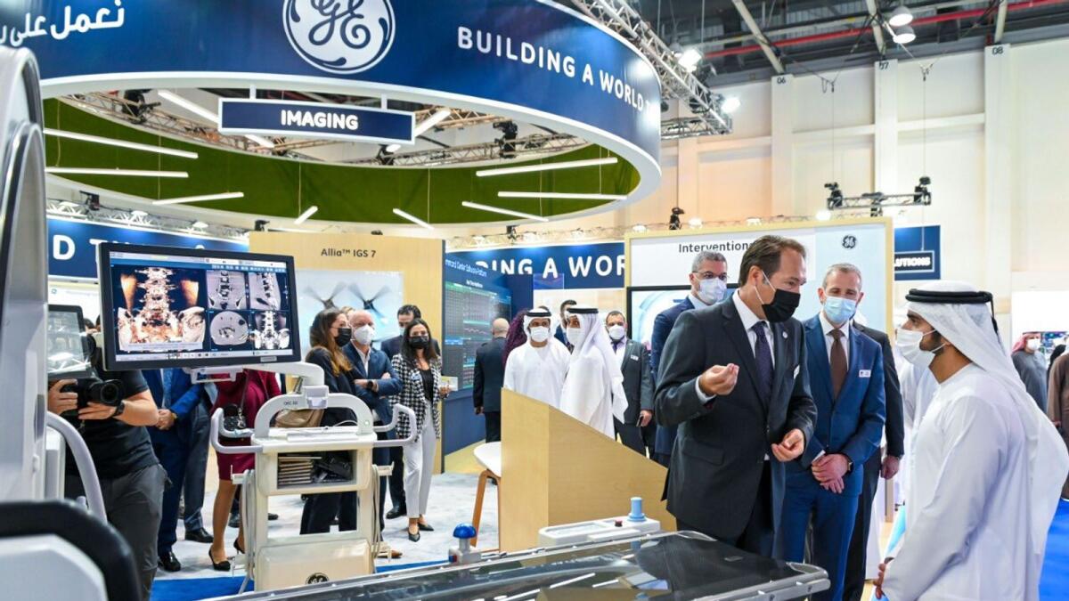 Sheikh Hamdan bin Mohammed bin Rashid Al Maktoum attending Arab Health and Medlab Middle East Exhibition and Congress 2022. Photo: Twitter/Sheikh Hamdan
