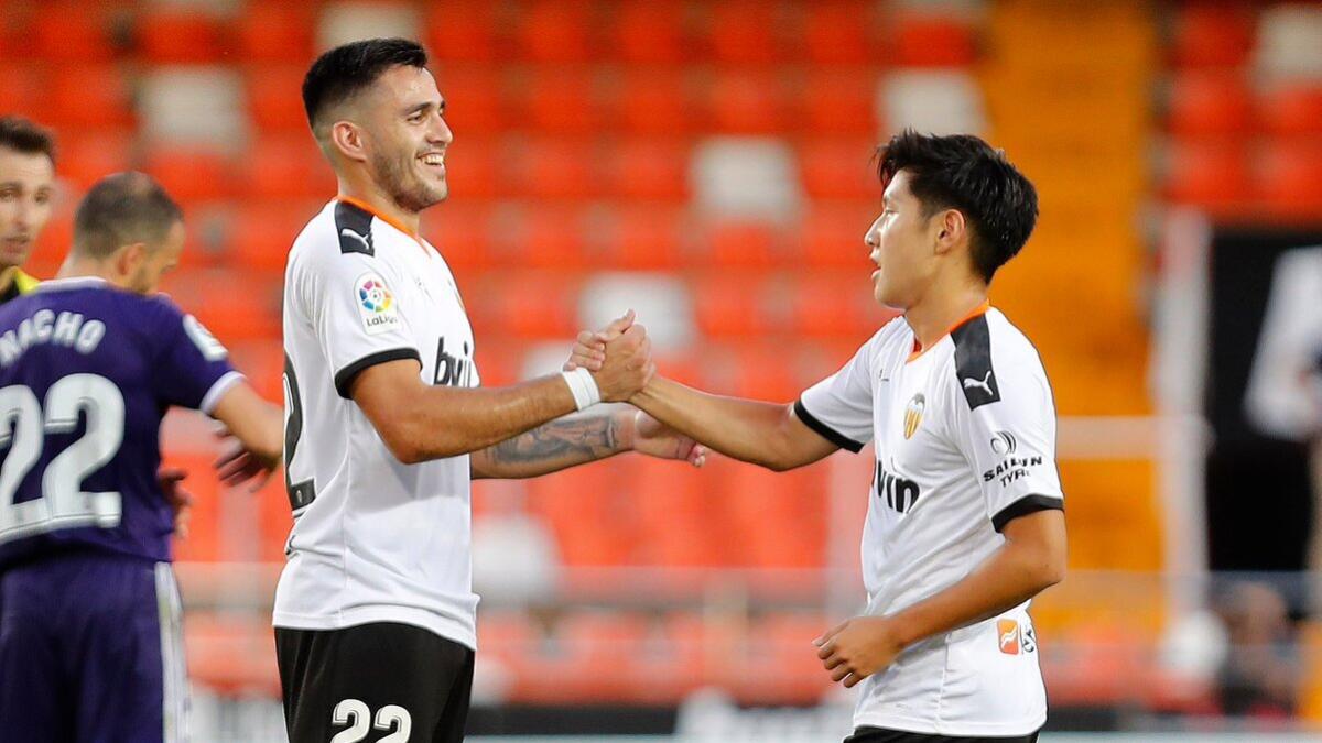 Valencia's Lee Kang-in (right) and Maxi Gomez celebrate after the game. - (Valencia Twitter)