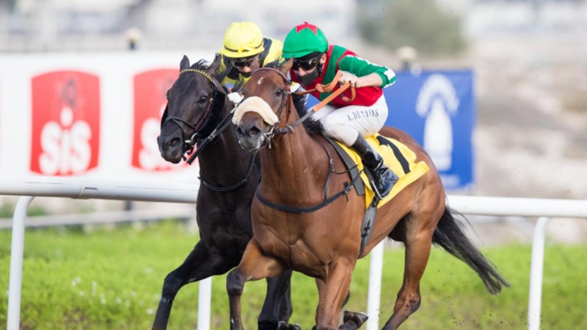 Raahy, ridden by Adrie de Vries, beats Raakezz to win the feature race at the Jebel Ali Racecourse on Friday. — Emirates Racing Authority
