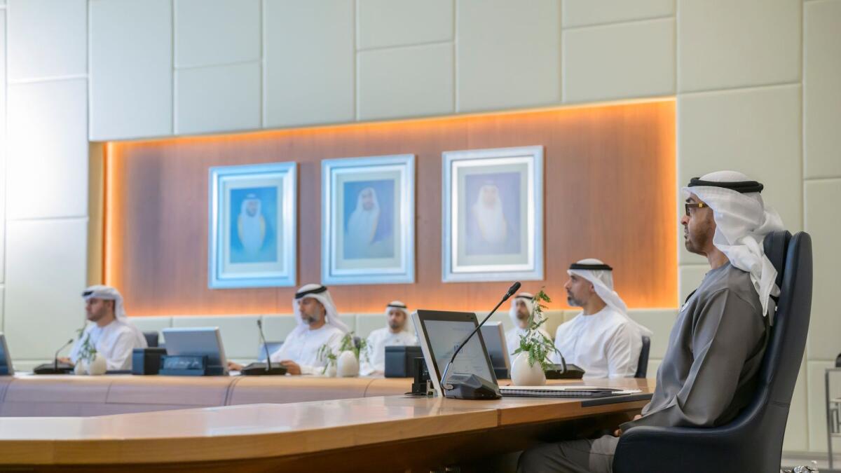 The President, His Highness Sheikh Mohamed bin Zayed Al Nahyan chairs a Supreme Petroleum Council meeting at the Abu Dhabi National Oil Company (Adnoc) headquarters. — Wam