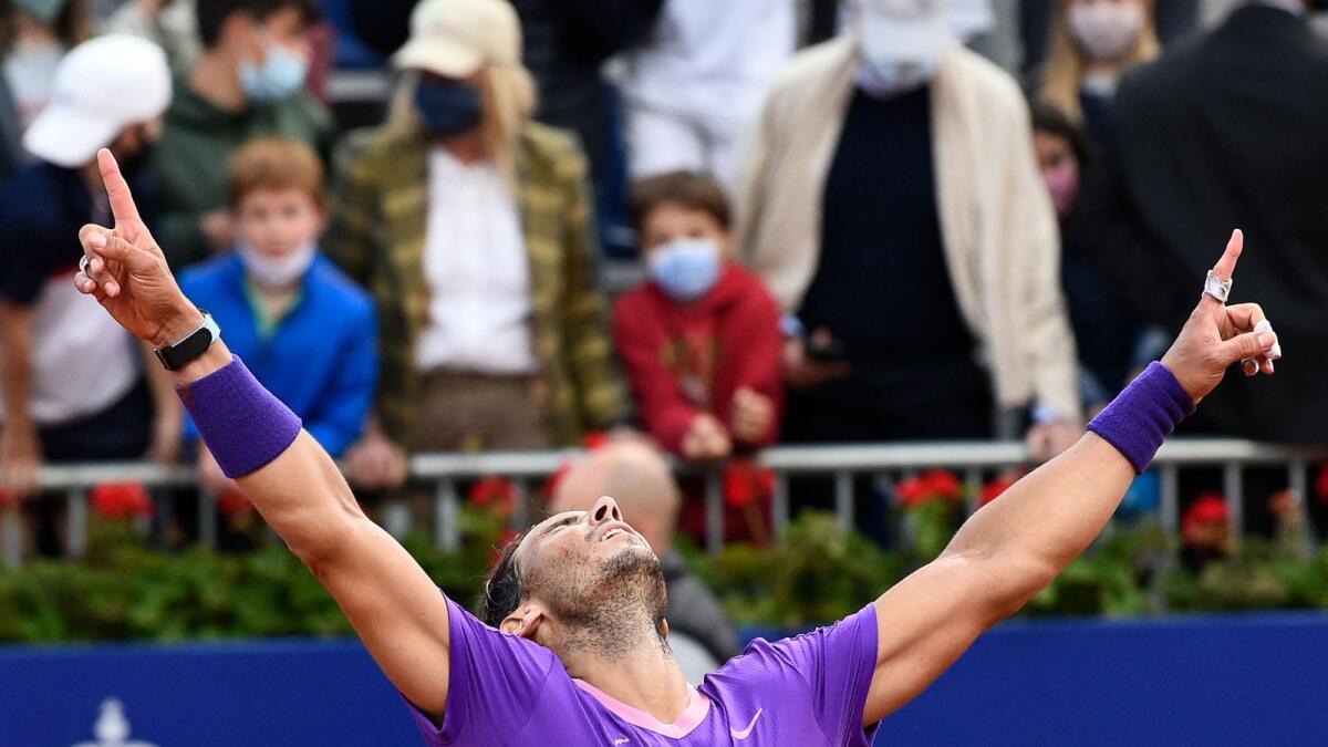 Spain's Rafael Nadal celebrates after winning the ATP Barcelona Open tennis tournament singles final match against Greece's Stefanos Tsitsipas. — AFP
