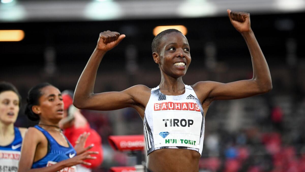 Agnes Tirop of Kenya smiles after winning the women's 1500m race at the IAAF Diamond League meeting at Stockholm Olympic Stadium in Stockholm, Sweden. (AP file)
