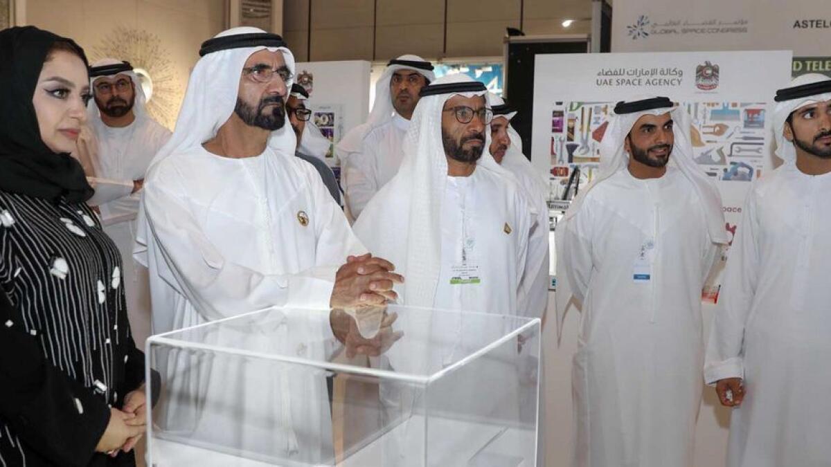 Sheikh Mohammed bin Rashid Al Maktoum during the opening of the two-day World Space Congress on the Saadiyat Island in Abu Dhabi on Tuesday. Sheikh Hamdan is also seen. 