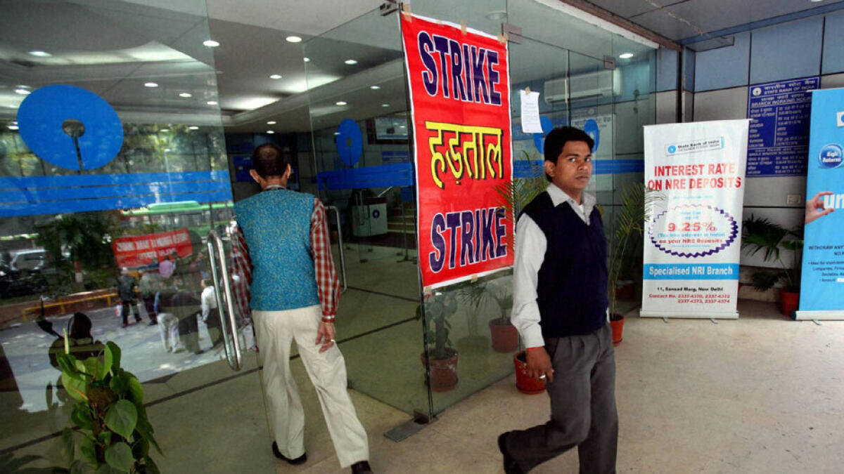 The Parliament Street branch of the State Bank of India wears a deserted look in New Delhi during the countrywide strike. 