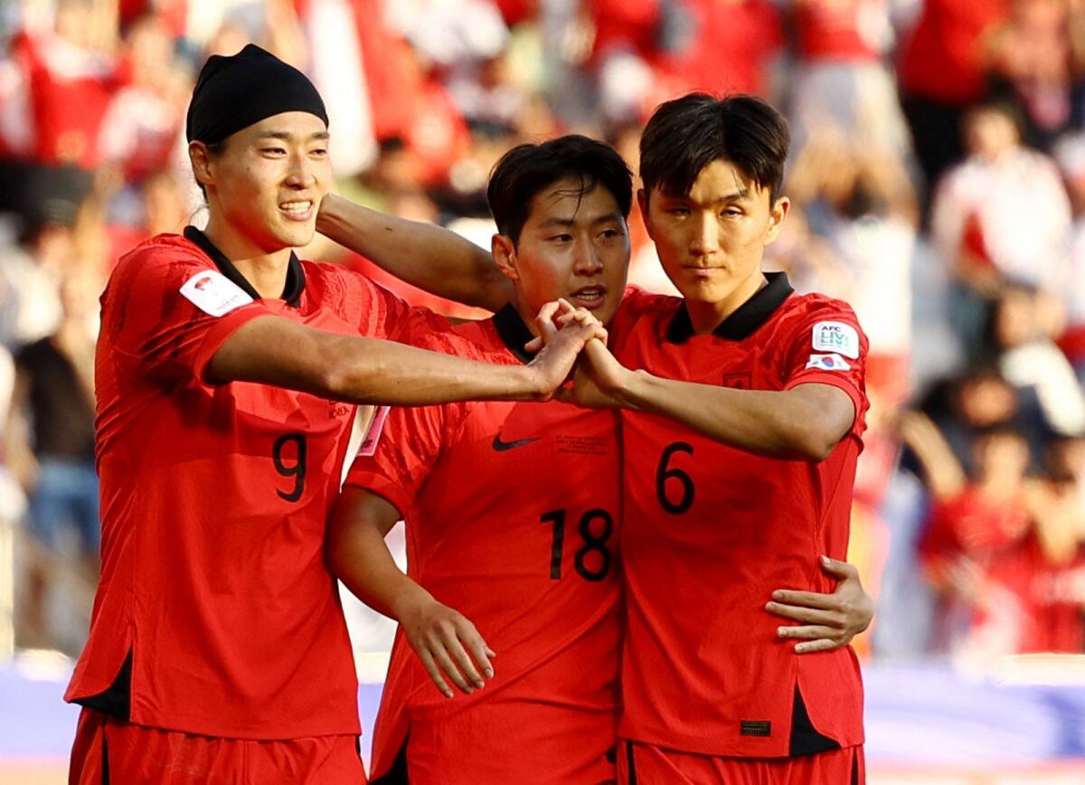 South Korea's Lee Kang-in celebrates after scoring their third goal. — Reuters