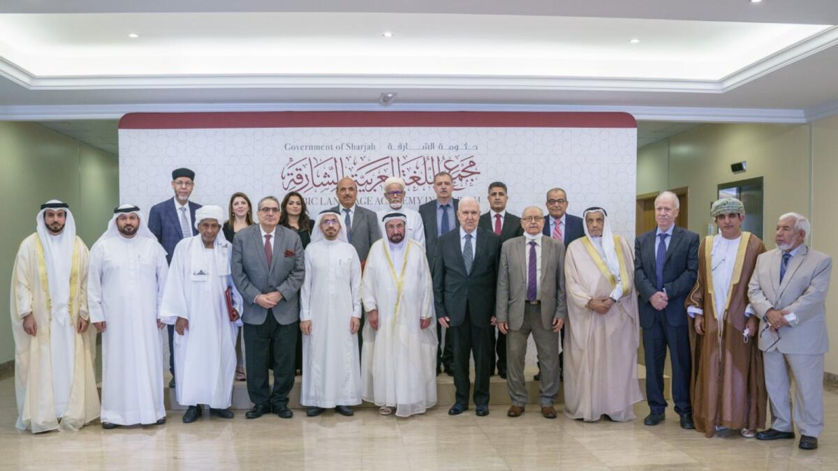 Sharjah Ruler with representatives of Arabic language academies from various countries.