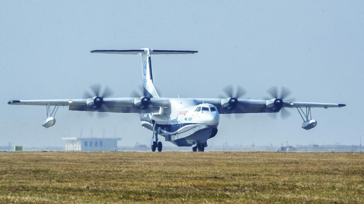Chinas home-grown AG600, the worlds largest amphibious aircraft in production, also known as 'Kunlong', is seen at Jinwan Airport in Zhuhai in China.- AFP