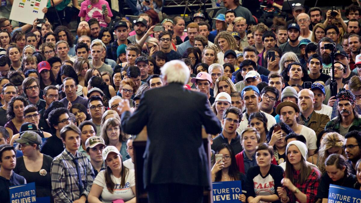 Sen. Bernie Sanders (I-Vt.), then a Democratic presidential candidate, speaks at a campaign rally at West High School in Salt Lake City, Utah. (Kim Raff/The New York Times)