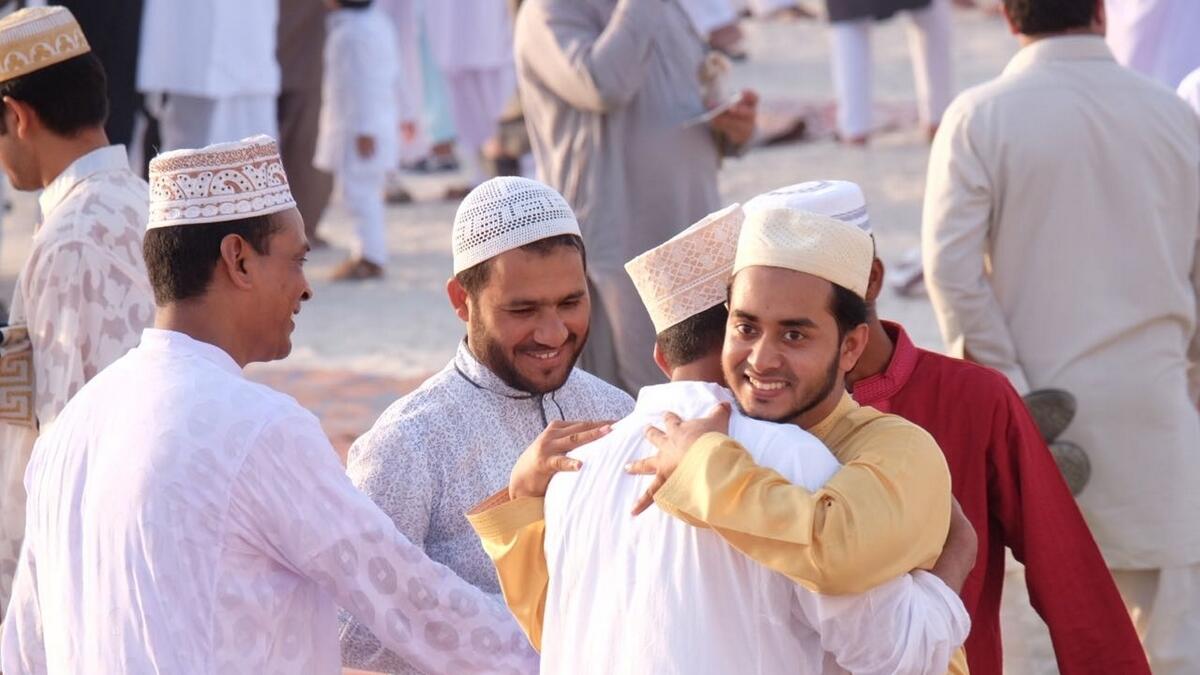 Residents in UAE greet each other Eid Mubarak after the morning prayers (Photo By Shihab/Khaleej Times)