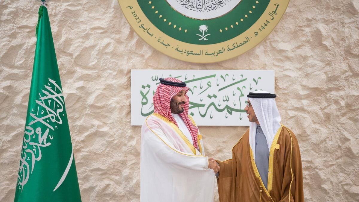 Sheikh Mansour and Sheikh Mohammed bin Salman at the Arab League Summit in Jeddah. — Wam