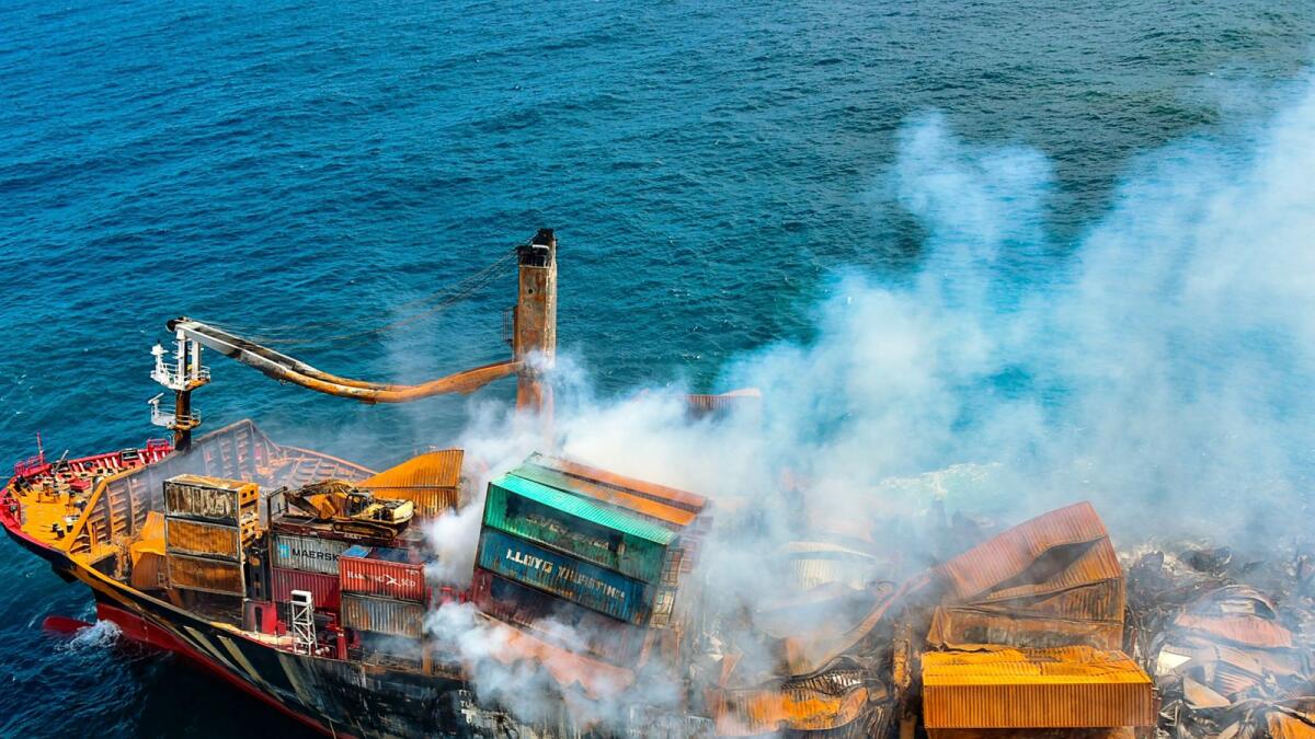 The Singapore-registered container ship, MV X-Press Pearl, caught fire in May. Photo: AFP