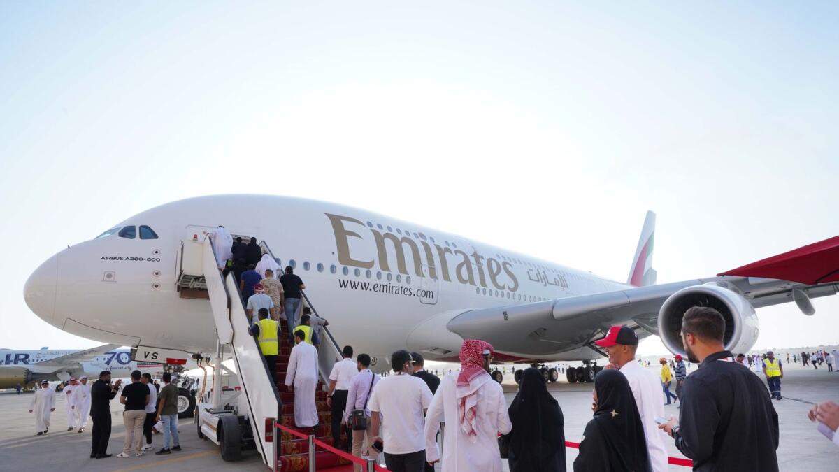 Visitors at an Emirates A380 aircraft at the Bahrain International Airshow. - Supplied photo