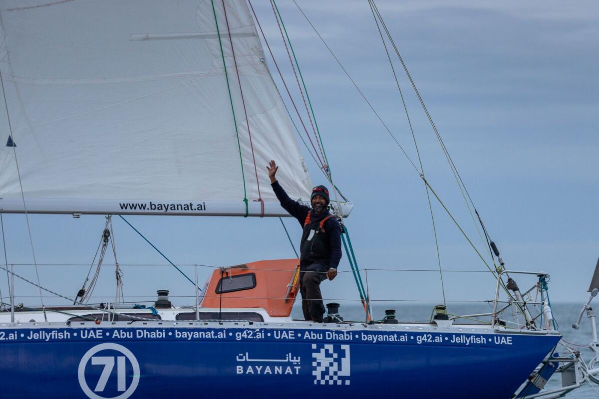 Abhilash Tomy in his boat sponsored by Abu Dhabi-based geospatial AI solutions provider Bayanat. Photo: Supplied