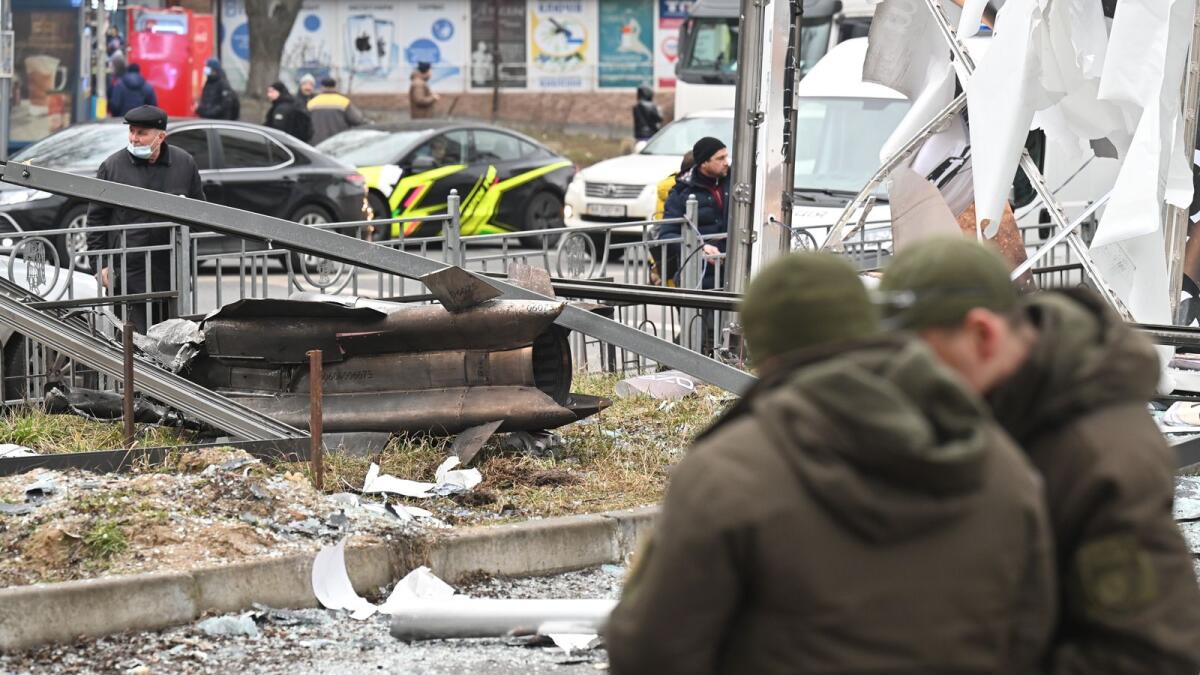 The remains of a shell is seen on a street in Kyiv on February 24, 2022.  Photo: AFP