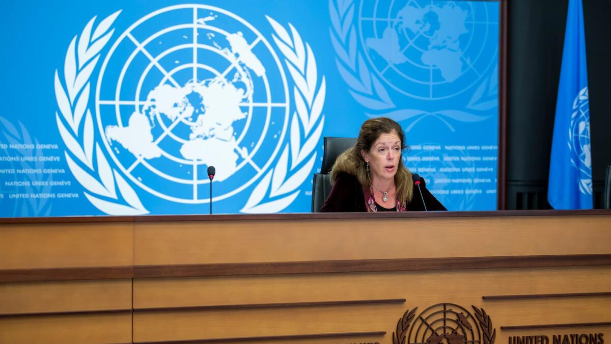 Stephanie Williams, head of the United Nations Support Mission in Libya, speaks at a Press conference at the European headquarters of the United Nations in Geneva, Switzerland.