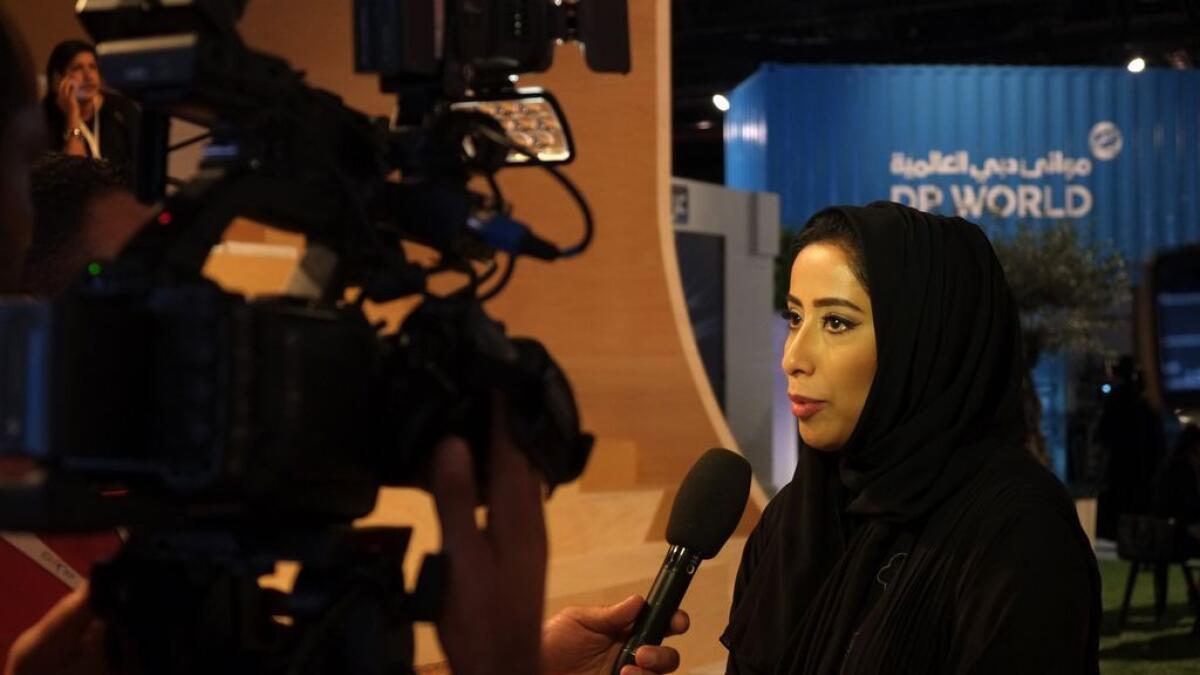 Mona Ghanem Al Marri, Chairperson AMF organizing committee and President of Dubai Press Club talking to media at the Arab Media Forum