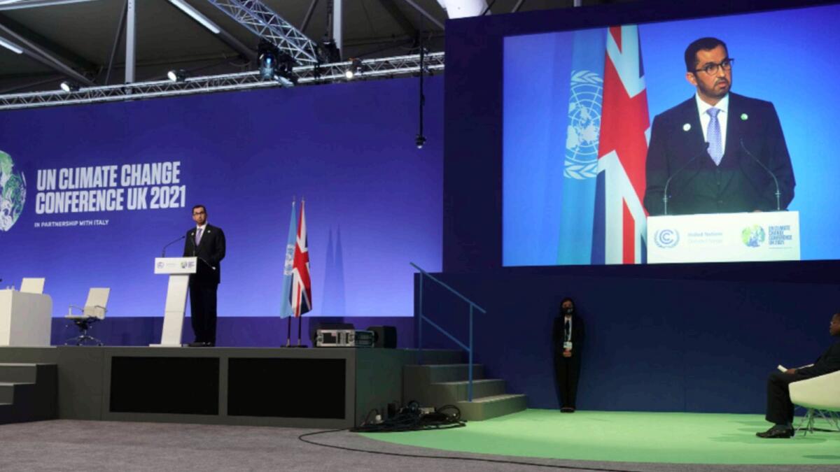 Sultan Ahmed Al Jaber speaks at COP26 in Glasgow. — Wam