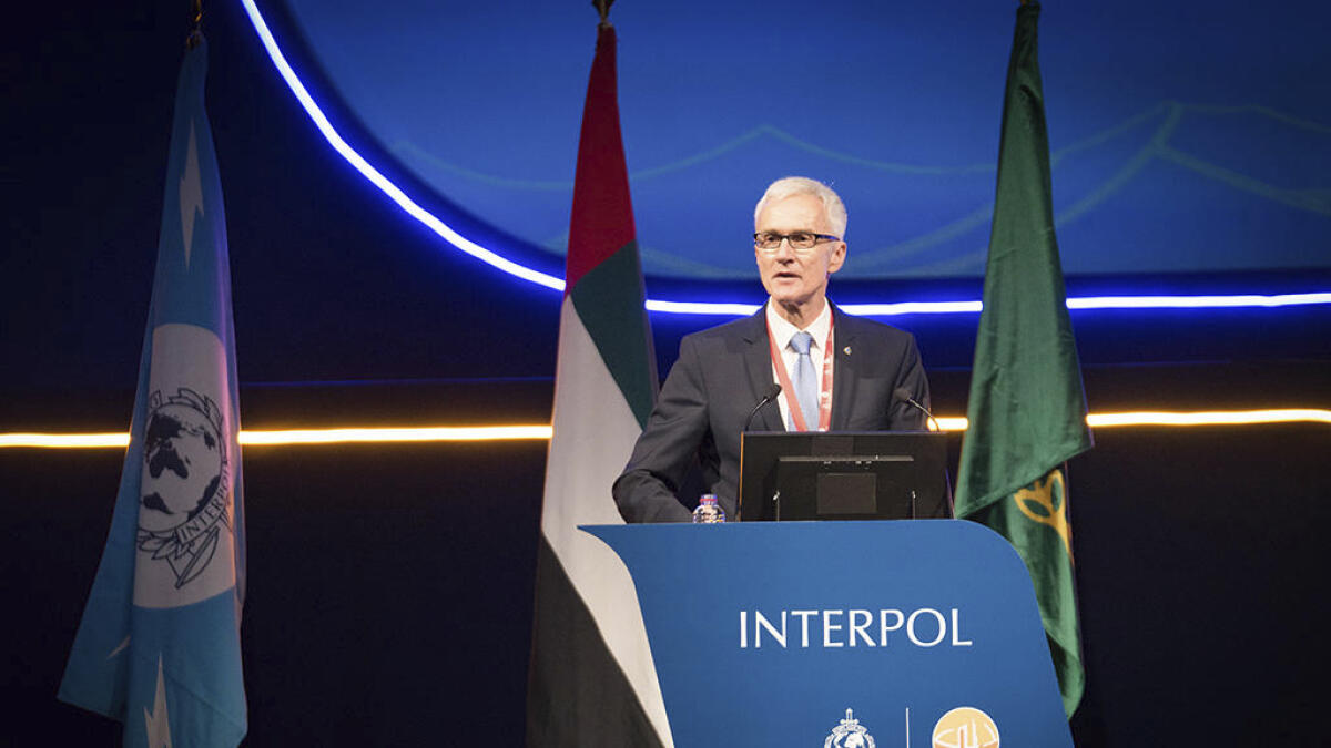 Jürgen Stock, Secretary General of Interpol, speaks on the opening day of the 87th International Criminal Police Organisations General Assembly, in Dubai.- AP