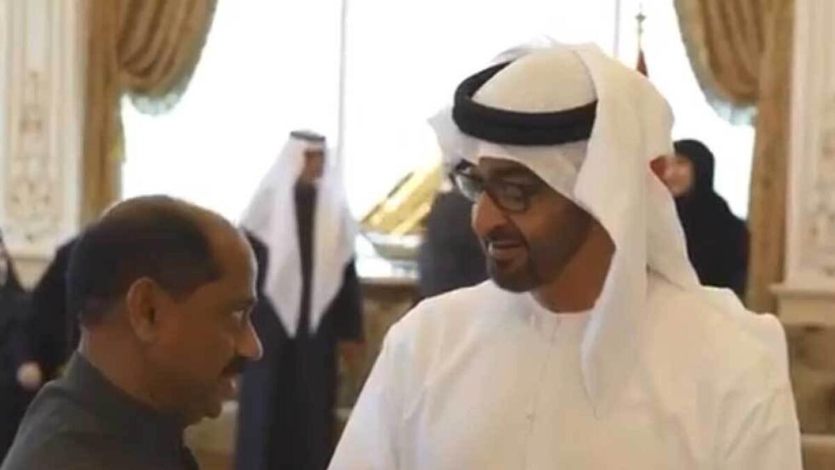 The twitter video shows Sheikh Mohamed shaking hands with Mohiuddin.- @MohamedBinZayed/ Twitter