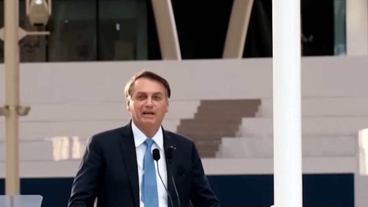 Brazilian President Jair Bolsonaro speaking during the country's National Day celebrations at Expo 2020. Wam
