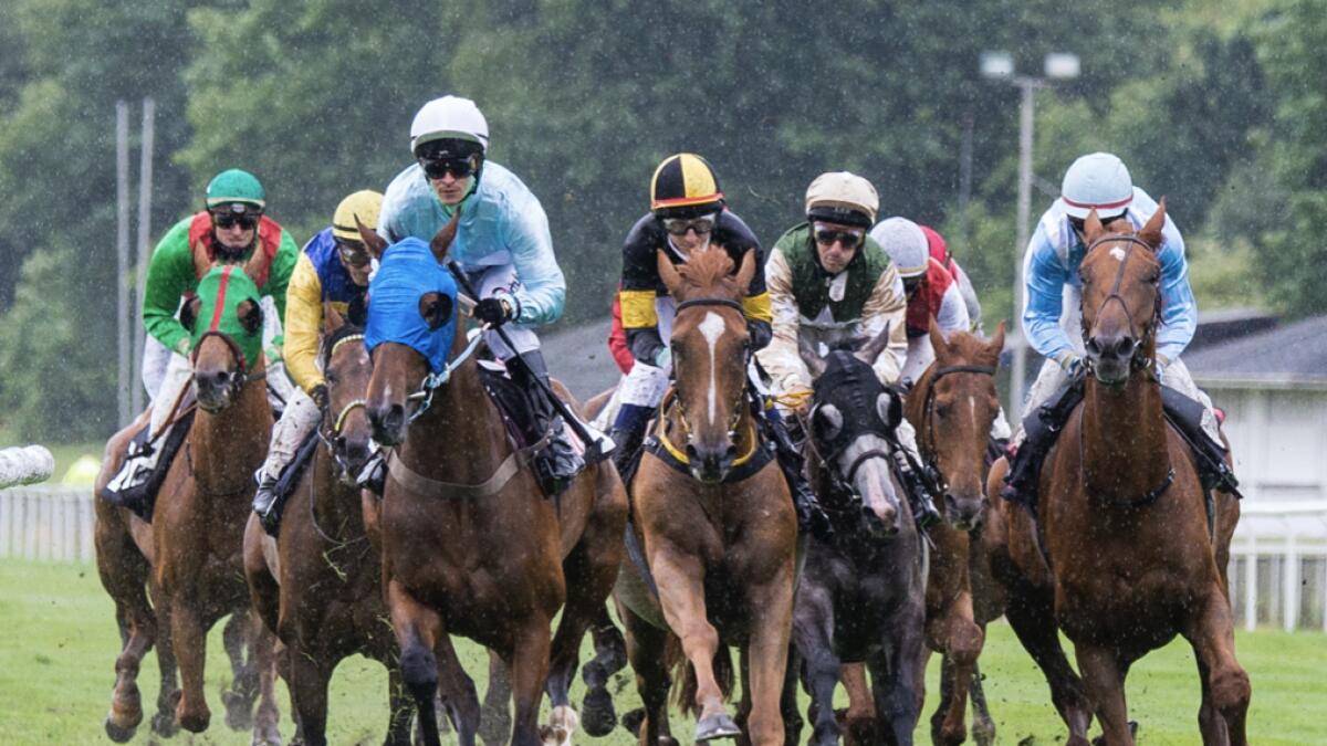 Jockeys gallop on their horses in the rain across the track in Hamburg, Germany, Friday, July 10, 2020. Due to the Corona pandemic, the Derby Hamburg gallop meeting is shortened to three days and takes place without spectators for the first time. Photo: AP
