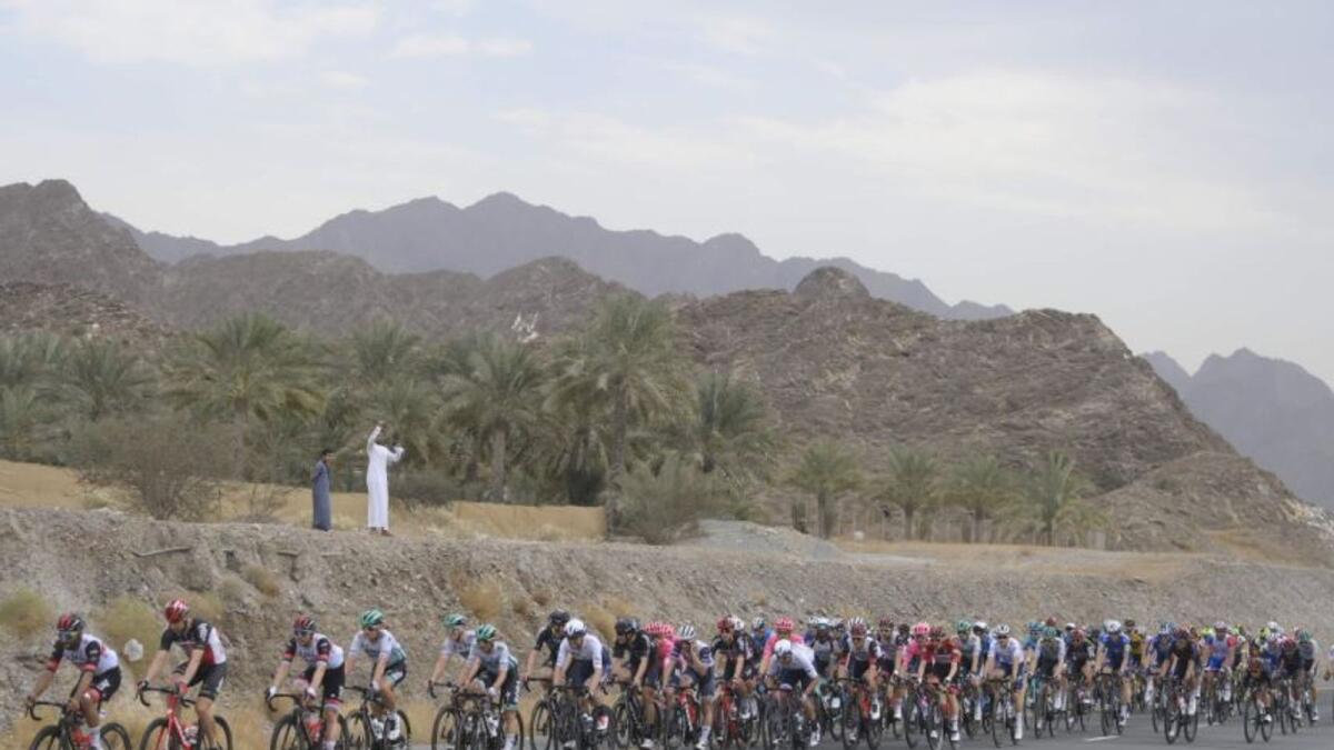 The riders in action at at Jebel Jais during the fifth stage. (UAE Tour Twitter)