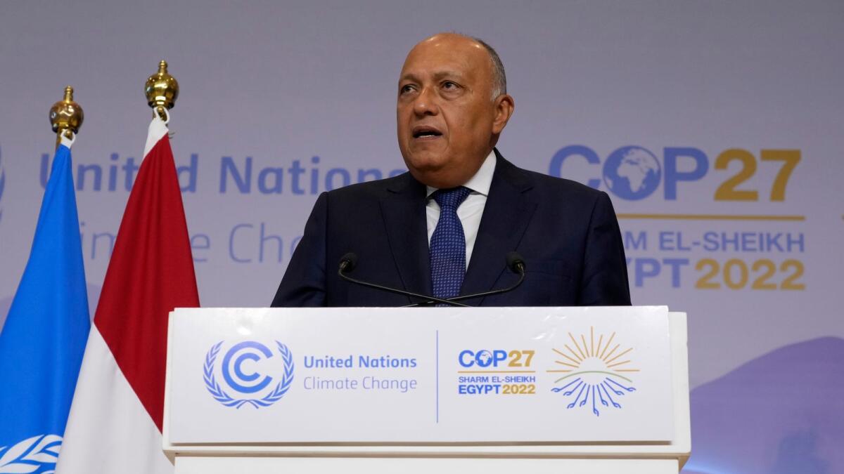 Sameh Shoukry speaks at the COP27 summit in Sharm El Sheikh. — AP
