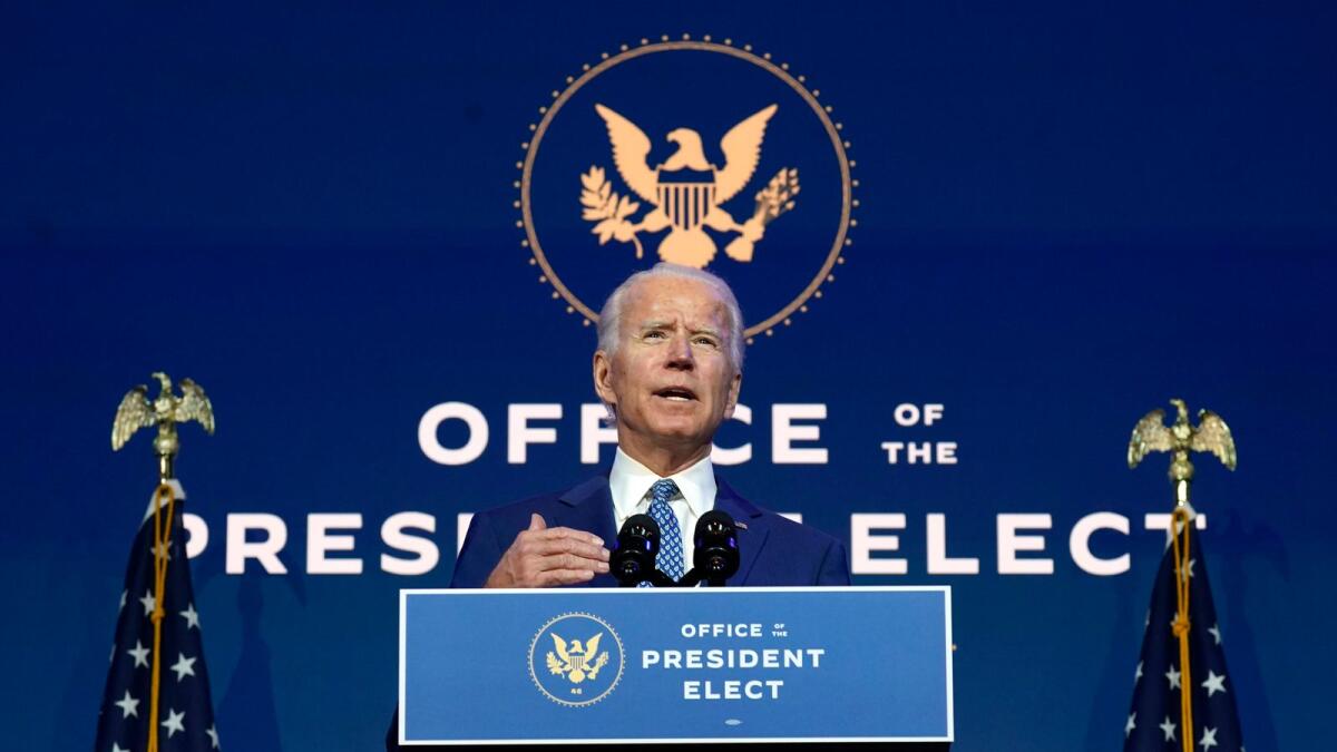 President-elect Joe Biden speaks at The Queen theater in Wilmington. AP