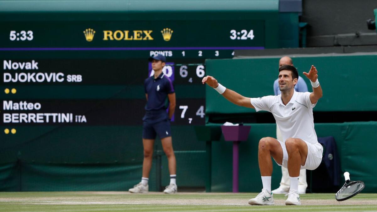 Novak Djokovic celebrates winning the final against Italy's Matteo Berrettini. — Reuters