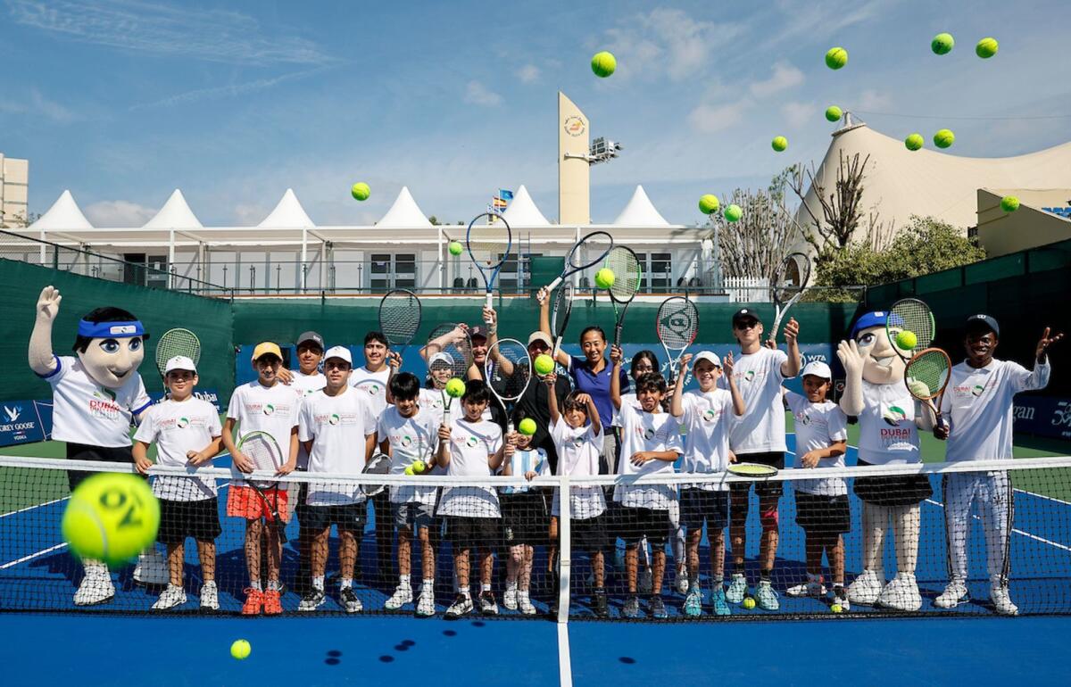 UAE youngsters pose with Zhang Shuai and Giuliana Olmos. — Supplied photo