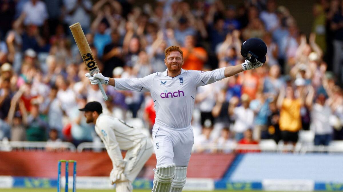 England's Jonny Bairstow celebrates after reaching his century. — Reuters