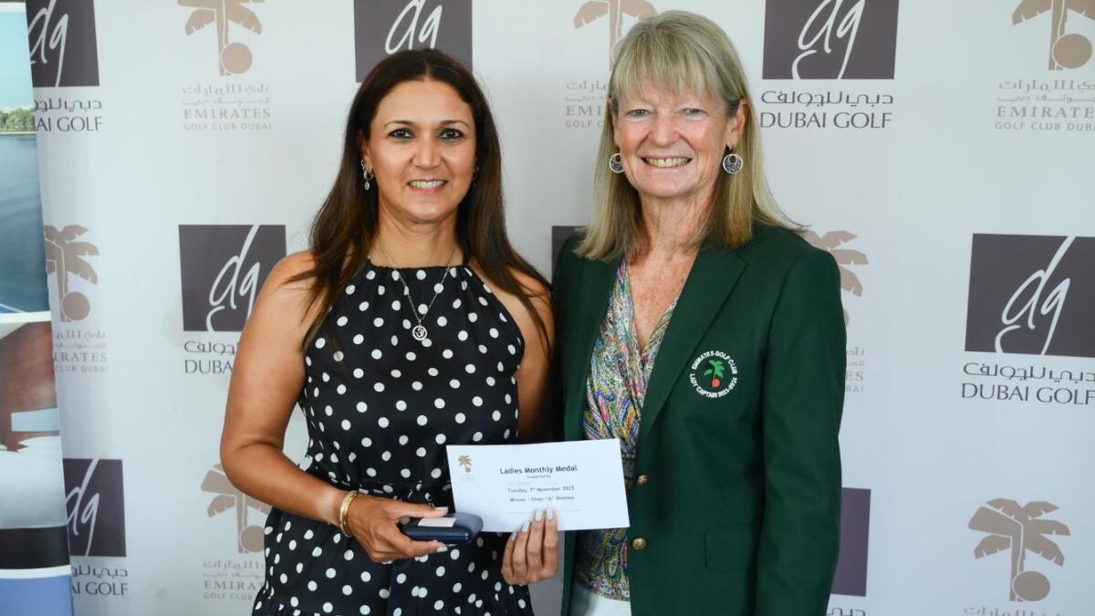Jayshree Gupta (left), winner of the Silver Division of the November Monthly Medal at Emirates Golf Club with Lady Captain Fiona Berry.- Supplied photo