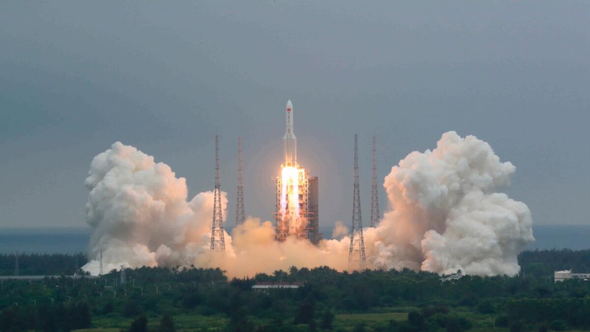 The Long March 5B rocket carrying a module for a Chinese space station lifts off from the Wenchang Spacecraft Launch Site in Wenchang in southern China's Hainan Province. — AP