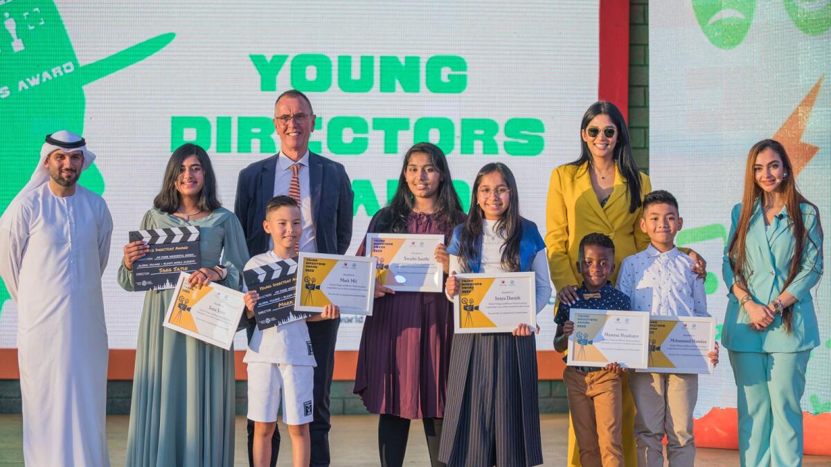 Prize recipients on stage at the Bloom World Academy’s Young Directors Award competition whose final red carpet gala was held at Global Village on Tuesday.