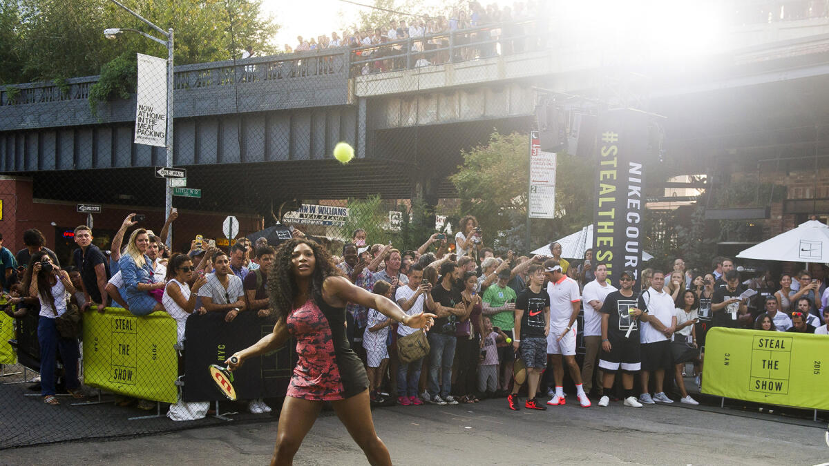 Serena Williams plays in Nike’s Street Tennis Pro Event in Greenwich Village, New York, on Monday. 
