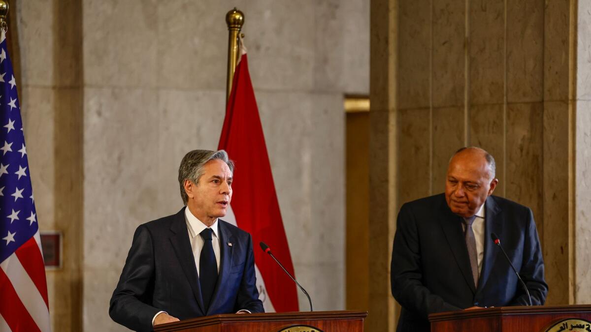 US Secretary of State Antony Blinken and Egyptian Foreign Minister Sameh Shoukry hold a press conference in Cairo on Monday. — AP