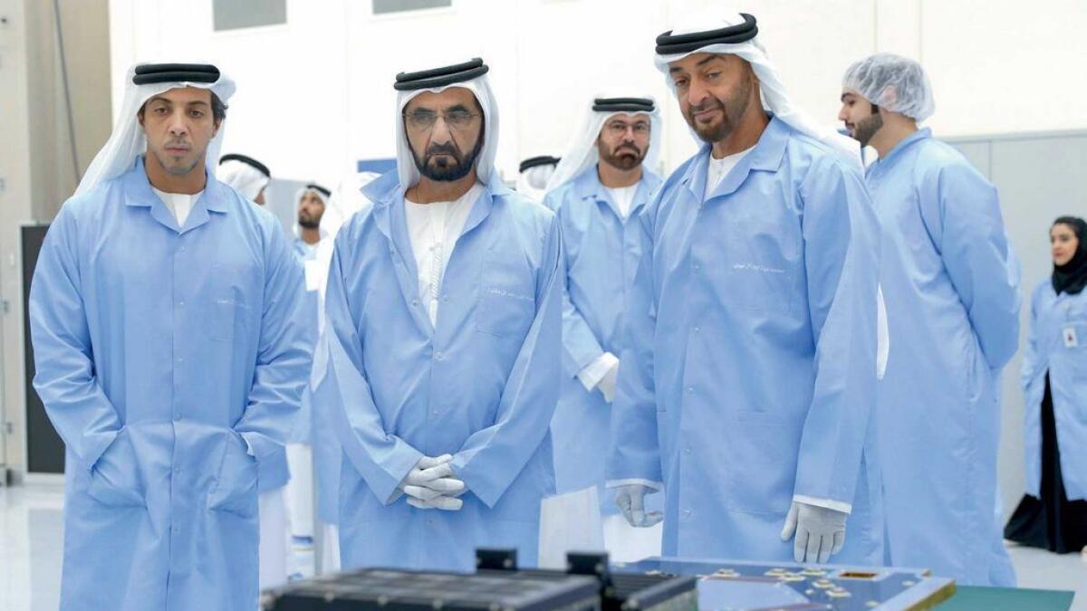 ENGINEERING A NEW GENERATION: Sheikh Mohammed bin Rashid, Sheikh Mohamed bin Zayed and ministers visit the Mohammed Bin Rashid Space Centre in Dubai.  