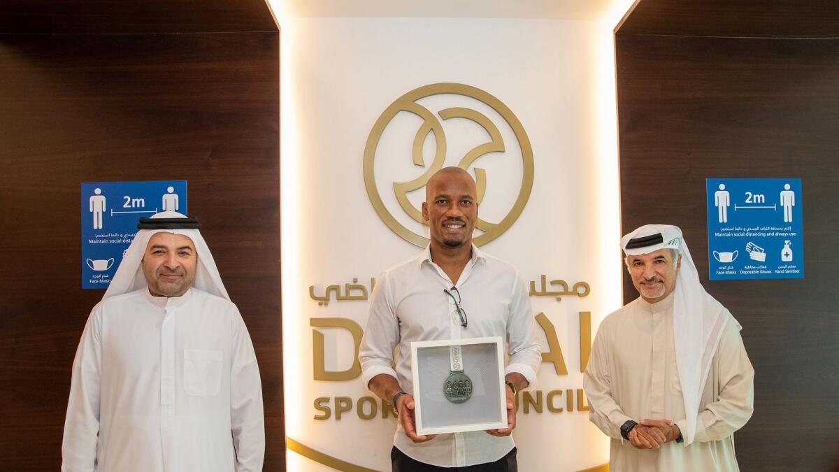 Didier Drogba was felicitated at the Dubai Sports Council headquarters. (Supplied photo)