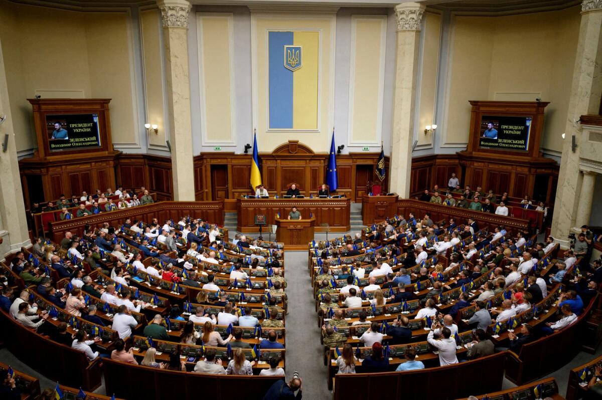 Ukrainian President Volodymyr Zelensky addresses parliament in Kyiv, Ukraine, on June 28, 2023. — Reuters