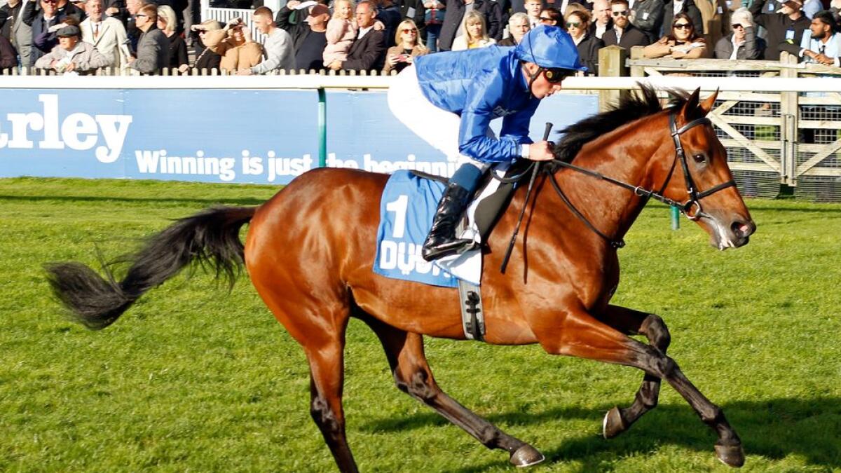 Arabian Crowns and William Buick wining The Zetland Stakes at Newmarket.  Photo Godolphin.com