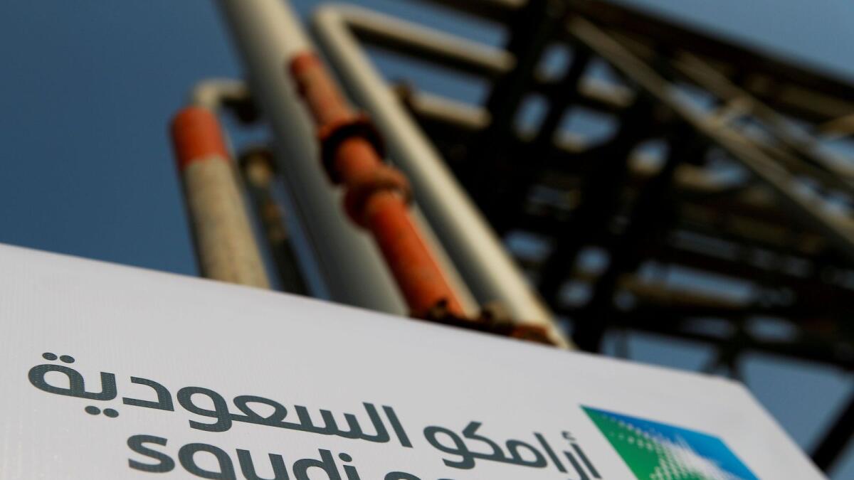 Saudi Aramco logo is pictured at the oil facility in Abqaiq, Saudi Arabia.