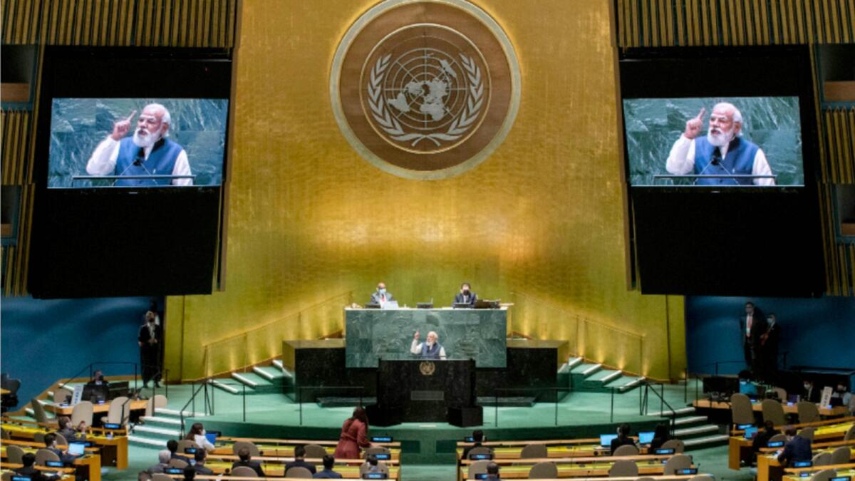 India's Prime Minister Narendra Modi addresses the 76th Session of the UN General Assembly at United Nations headquarters in New York. — AP