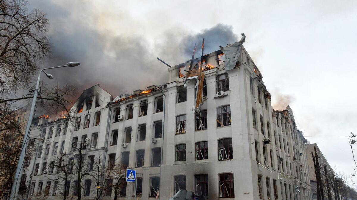 The scene of a fire at the Economy Department building of Karazin Kharkiv National University, allegedly hit during recent shelling by Russia, on March 2, 2022. Photo: AFP