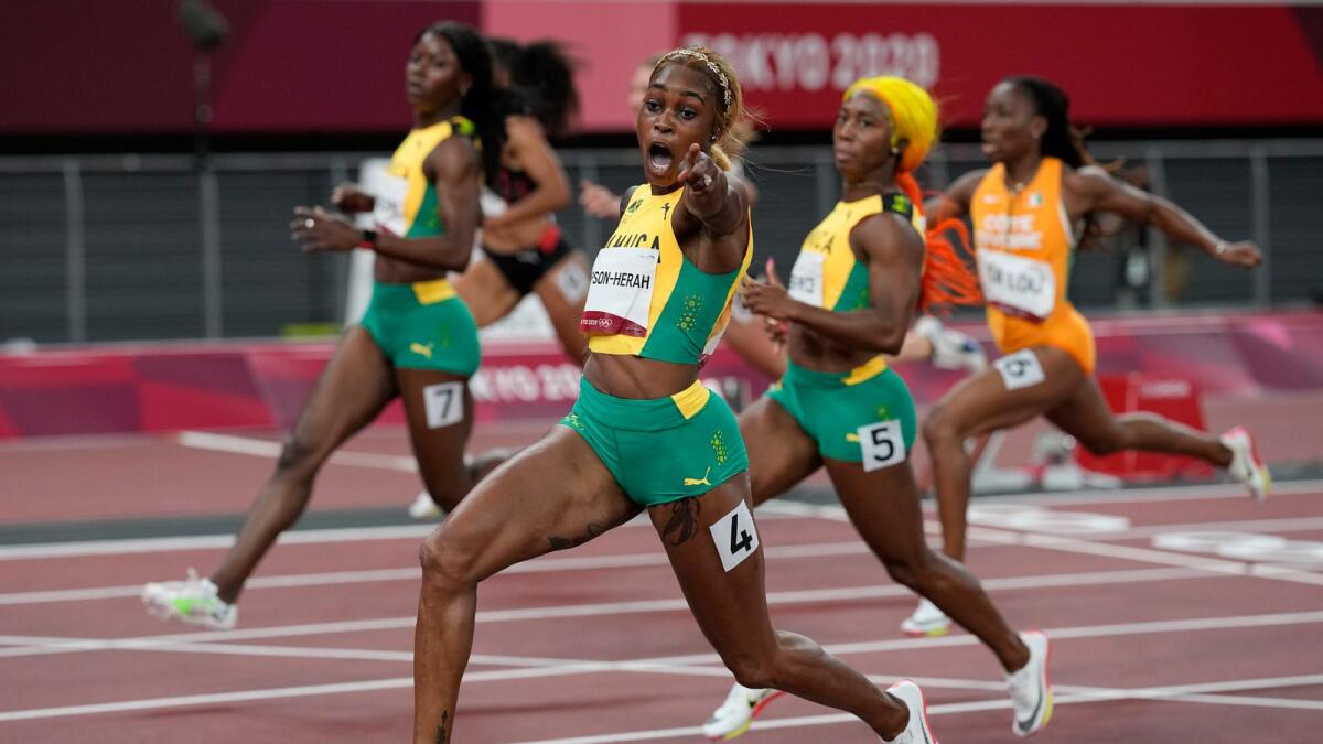 Elaine Thompson-Herah, of Jamaica wins the women's 100-metre gold. — AP