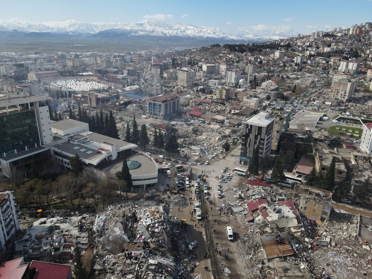 An aerial view shows damaged and collapsed buildings following an earthquake, in Kahramanmaras, Turkey February 7, 2023. Photo: AFP